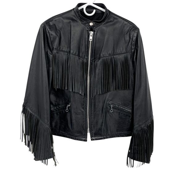 Vintage Black Leather Fringe Motorcycle Biker Jacket Women's Med - Picture 5 of 16